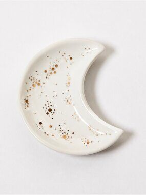 Ceramic Mini Crescent Moon Dish White Gold Speckled Trinket Ring Holder